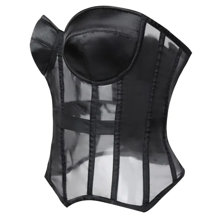Women%20Sheer%20Mesh%20Overbust%20Corset%20Top%20Satin%20Padded%20Cup%20Strapless%20Back%20Lace%20Up%20Nightclub%20Party%20Bustier%20-%20Image%204
