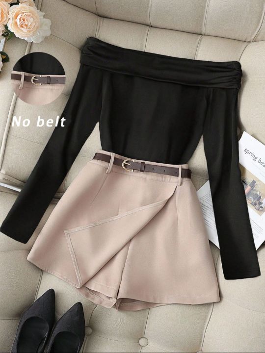 Women's%20Burgundy%20Off-Shoulder%20Long%20Sleeve%20Top%20&%20Black%20Skort%20Set,%20Elegant%20Boss%20Lady%20Style%20Slimming%20Two-Piece%20Outfit%20-%20Image%207