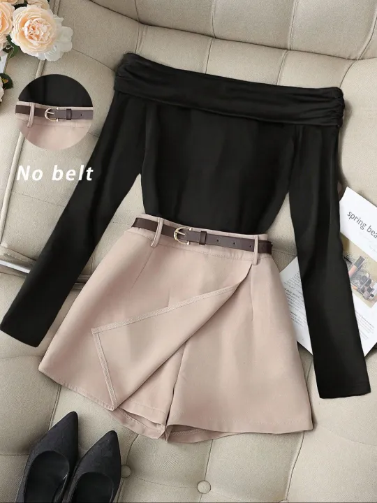 Women's%20Burgundy%20Off-Shoulder%20Long%20Sleeve%20Top%20&%20Black%20Skort%20Set,%20Elegant%20Boss%20Lady%20Style%20Slimming%20Two-Piece%20Outfit%20-%20Image%207