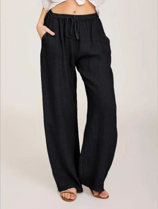 Women's%20Cotton%20Linen%20Pants%20Casual%20Loose%20Solid%20Elastic%20Waist%20Pocket%20Straight%20Trousers%20Ladies%20Oversize%20Wide%20Leg%20Pant%20Streetwear%20-%20Image%202