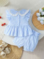 Summer Baby Girls 2Pcs Set 9-12M Blue Gingham Cherry Embroidered Ruffle Top & Bloomers  Infant Casual Daily Wear. 