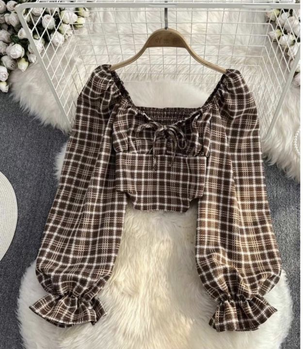 ခေတ်မှီကော်ဖီကွက်ကြားအပေါ်top လက်ရှည် freesize -လက်ကား10ခုယူရင်10%လျှော့ အခြားdesignနဲ့ရောယူလို့ရတယ်