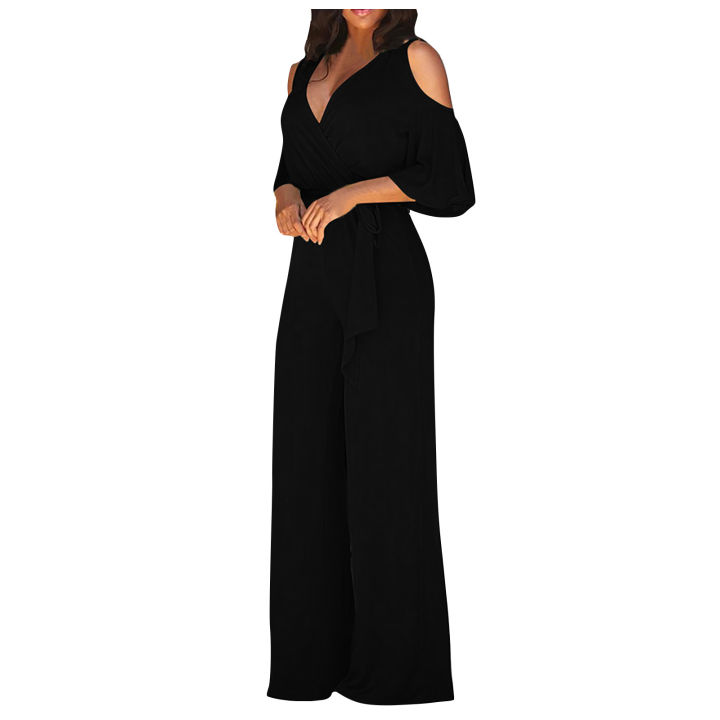 Jumpsuit%20Summer%20Pure%20Color%20Women%20Sexy%20Deep%20V%20Neck%20Short%20Sleeve%20Rompers%20Fashion%20Slim%20Fit%20Lace%20Up%20Elegant%20Female%20Wide%20Leg%20Jumpsuit%20-%20Image%204