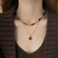Retro Temperament Layered Tiger Eye Stone Pendant Necklace For Women Stainless steel Double-Layer Collarbone Chain Sets Jewelry. 