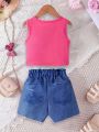 Ins Girls' Fashion Tie-Dye Full Print Printed Vest Suit Outdoor Sports Blue Shorts Suit Suitable for 3-10 Years Old.