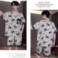 Large Size Men Pajamas Set Ice Silk Cartoon Bear Short-Sleeved Student Two-Piece Cardigan Lapel Smiley Letters 3xl Code Pajamas.