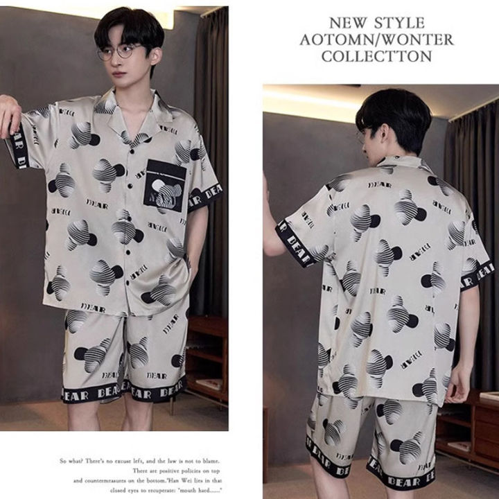 Large%20Size%20Men%20Pajamas%20Set%20Ice%20Silk%20Cartoon%20Bear%20Short-Sleeved%20Student%20Two-Piece%20Cardigan%20Lapel%20Smiley%20Letters%203xl%20Code%20Pajamas%20-%20Image%204