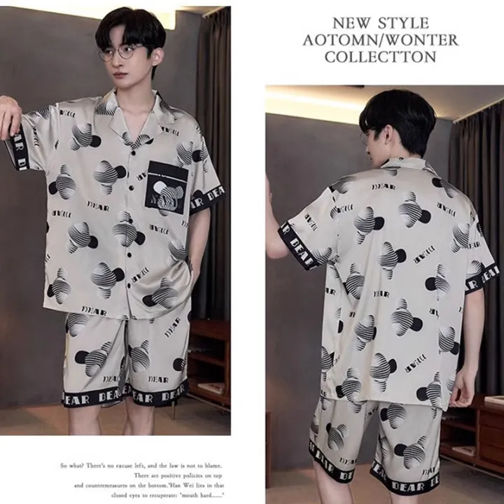 Large%20Size%20Men%20Pajamas%20Set%20Ice%20Silk%20Cartoon%20Bear%20Short-Sleeved%20Student%20Two-Piece%20Cardigan%20Lapel%20Smiley%20Letters%203xl%20Code%20Pajamas%20-%20Image%204