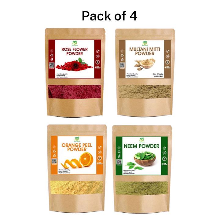 Pack of 4 Multani Mitti + Rose Powder + Neem powder + Orange Peel powder for skin M&S Traders