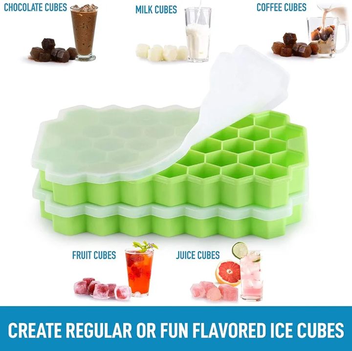Ice Cube Trays Silicone Ice Cube Molds, Easy-Release and Flexible 37 Ice Trays BPA Free, for Whiskey Cocktail, Stackable and Safe Ice Cube Honeycomb Small Cubes Fridge Bar Soft Tray (with Lid)