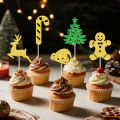 YOMDID 25Pcs Christmas Cupcake Toppers Bamboo Cupcake Toppers Glitter Christmas Tree Santa Hat Candy Cane Deer Cake Decorations. 