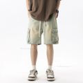 Summer Retro Fashion Denim Shorts for Men Loose Straight Leg Multi-pocket Short Jeans With Elastic Waist and Drawstring Male.