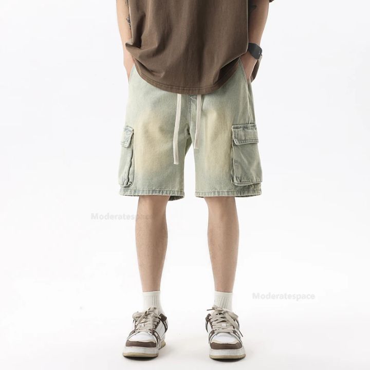 Summer%20Retro%20Fashion%20Denim%20Shorts%20for%20Men%20Loose%20Straight%20Leg%20Multi-pocket%20Short%20Jeans%20With%20Elastic%20Waist%20and%20Drawstring%20Male%20-%20Image%202