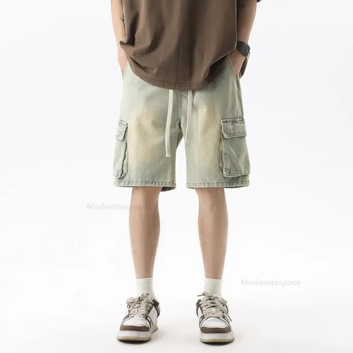 Summer%20Retro%20Fashion%20Denim%20Shorts%20for%20Men%20Loose%20Straight%20Leg%20Multi-pocket%20Short%20Jeans%20With%20Elastic%20Waist%20and%20Drawstring%20Male%20-%20Image%202
