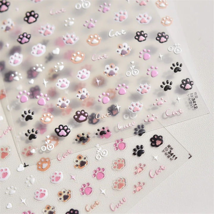 Cute Jelly Pink Cat Paw Print Lovely Kitty Puppy Dog Cartoon 5D Embossed Relief Self Adhesive Nail Art Sticker 3D Manicure Decal