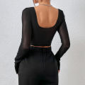Chic V Neck Long Sleeve Mesh Crop Top, Women Black Backless Lace Embroidery Hollow Out Slim Comfortable Casual Wear Blouse.