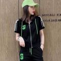 Women's Fashion Suit Spring Summer New Zipper Hooded Short Sleeve Coat Casual Crop Tops Pants 2 Two Piece Set For Women Clothing.