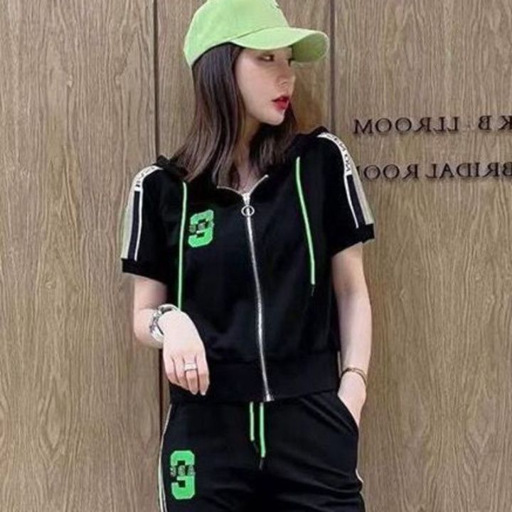 Women's%20Fashion%20Suit%20Spring%20Summer%20New%20Zipper%20Hooded%20Short%20Sleeve%20Coat%20Casual%20Crop%20Tops%20Pants%202%20Two%20Piece%20Set%20For%20Women%20Clothing%20-%20Image%205