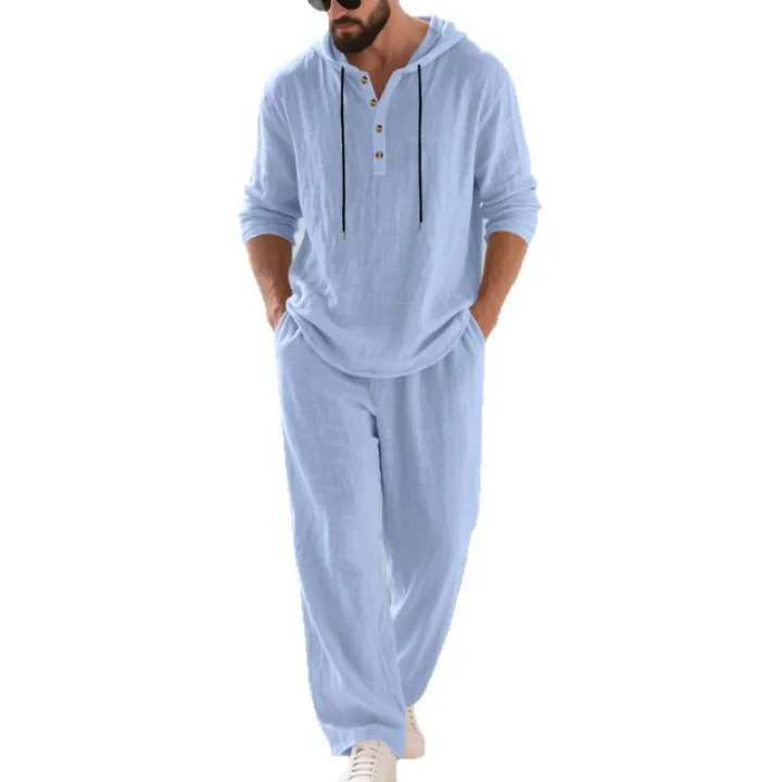 Cross-border%20Autumn%20Linen%20Men's%20Casual%20Suit%20Loose%20Hooded%20Henley%20Shirt%20Long%20Sleeve%20Pants%20Suit%20-%20Image%204