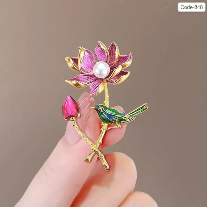 Exquisite And Fancy Pearl Lotus& Magpie  Pin Brooch