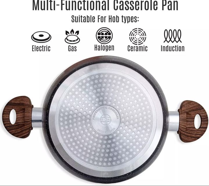 Granite Coating Forged Aluminum Non Stick Casserole with Glass Lid 26/28 cm with Bakelite Wood Effect Handle, Prime Quality Cookware induction cooker