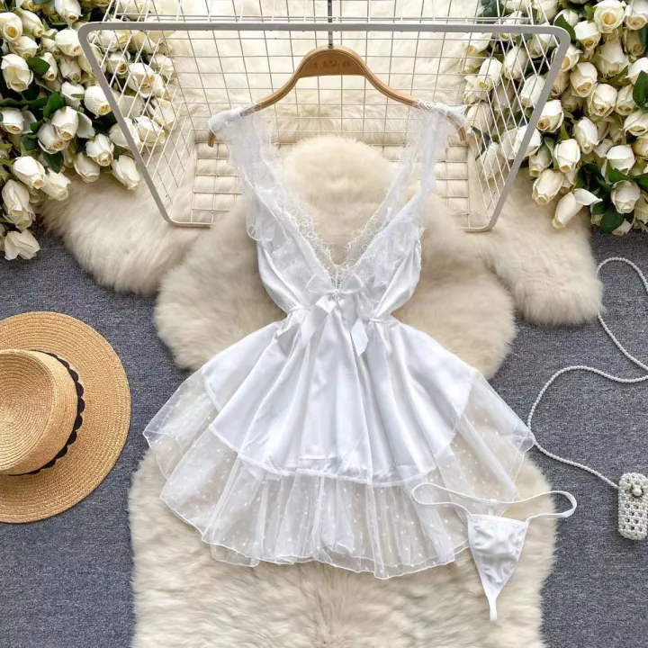 Women%20Halter%20Neck%20Backless%20Mini%20Dress%20V-Neck%20Contrast%20Color%20Lace%20Patchwork%20Hollow%20Dress%20%20Nurse%20Cosplay%20Uniform%20%20Lingerie%20-%20Image%204
