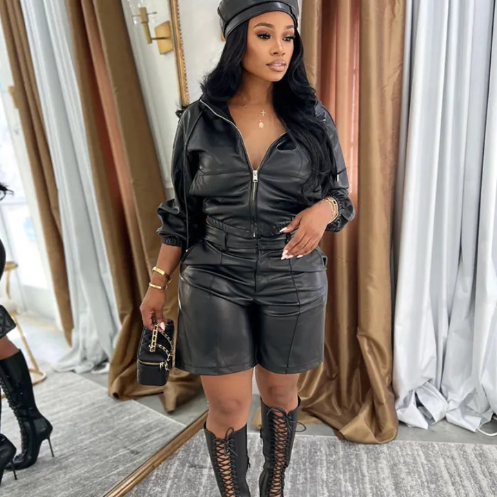 Doyerl%20PU%20Faux%20Leather%202%20Pieces%20Set%20for%20Woman%20Motorcycle%20Long%20Sleeve%20Zip%20Hooded%20Cropped%20Jacket%20and%20Shorts%20Matching%20Sets%20Outfits%20-%20Image%203