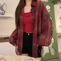 Tops Women Sheer Chiffon Plaid Shirt Long Sleeve Button Up Collared Oversize Checked Shirts and Blouse Summer Casual Outfit.