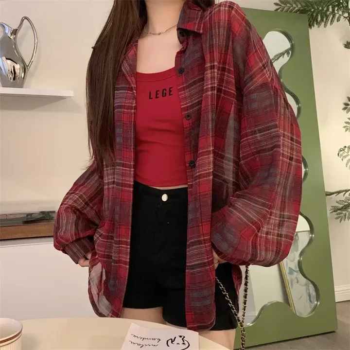 Tops%20Women%20Sheer%20Chiffon%20Plaid%20Shirt%20Long%20Sleeve%20Button%20Up%20Collared%20Oversize%20Checked%20Shirts%20and%20Blouse%20Summer%20Casual%20Outfit%20-%20Image%202