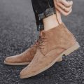 Fashion Brown Chelsea Boots Men British Style High Top Suede Leather Shoes For Men Lace-up Pointed Toe Design Men's Ankle Boot.