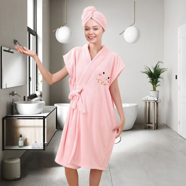 Women's%20Wrap%20Towel%20Spa%20Robe%20Hair%20Towel%20Adjustable%20Closure%20Long%20Robe%20V-Neck%20Shawl%20Bathrobe%20Dry%20Hair%20Cap%20Set,%20Fluffy%20Comfortable%20-%20Image%207