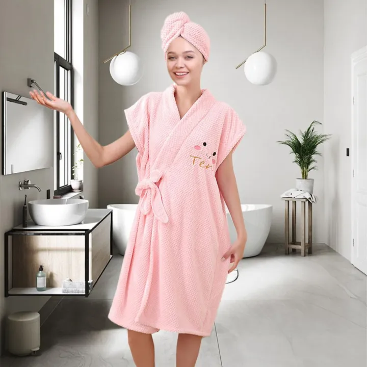 Women's%20Wrap%20Towel%20Spa%20Robe%20Hair%20Towel%20Adjustable%20Closure%20Long%20Robe%20V-Neck%20Shawl%20Bathrobe%20Dry%20Hair%20Cap%20Set,%20Fluffy%20Comfortable%20-%20Image%207