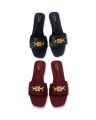 Gold Buckle Flat Sandal For Women, Crystal Slide Chappal Shoes,  Ladies Fancy Comfortable Footwear, Black Mehroon. 