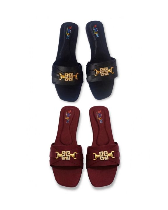 Gold%20Buckle%20Flat%20Sandal%20For%20Women,%20Crystal%20Slide%20Chappal%20Shoes,%20%20Ladies%20Fancy%20Comfortable%20Footwear,%20Black%20Mehroon%20-%20Image%202