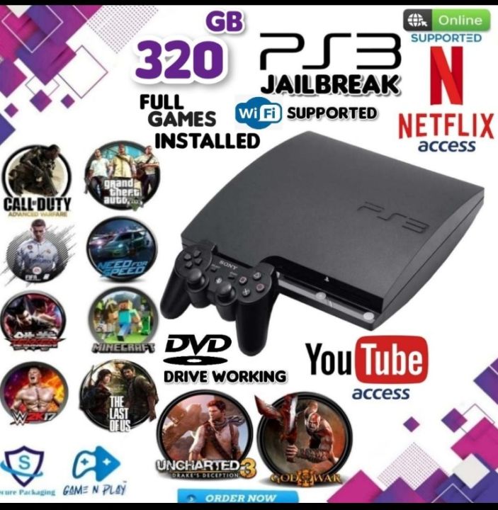 PS3 SLIM 320GB With Preinstalled Games and  wireless Controller Complete Accessories in Box | JAILBREAK | Online Supported