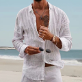 Autumn New Men Plain Cotton And Linen-Blend Loose Lapels Long-Sleeved Casual Cardigan Beach Shirt. 