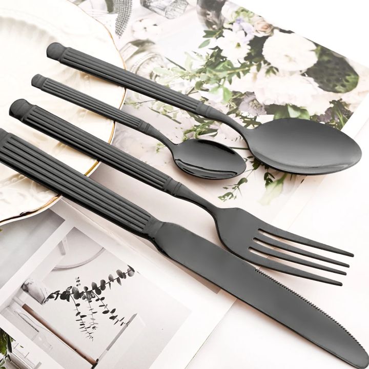4Pcs Black Tableware Stainless Steel Dinnerware Set Western Dinner Knife Fork Spoons Flatware Mirror Kitchen Home Cutlery Set