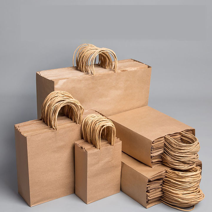 10pcs/lot Kraft Paper Bag with Handles Packing Bags for Store Clothes Wedding Christmas Supplies Handbags Kit