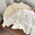 Baby Girls Top Winter Kids Warm Thickening Sweater Children Puff Sleeve Flower Embroidery Bottom Shirt 1-6 Years Casual Clothing. 