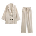 2024 Autumn Women Casual Blazer Coat Pants Set Long Sleeve Double Breasted Blazer + Wide Leg Trousers Lady Office Outfit.