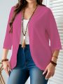 Plus-size women's open-front cardigan, lightweight 3/4 sleeve casual jacket, solid color layering fashion.. 