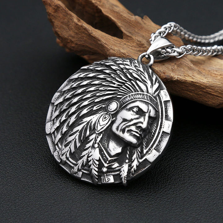 Gothic Vintage Stainless Steel Indian Chief Head Pendant Necklaces For Men Biker Classic Ethnic Style Jewelry s Wholesale