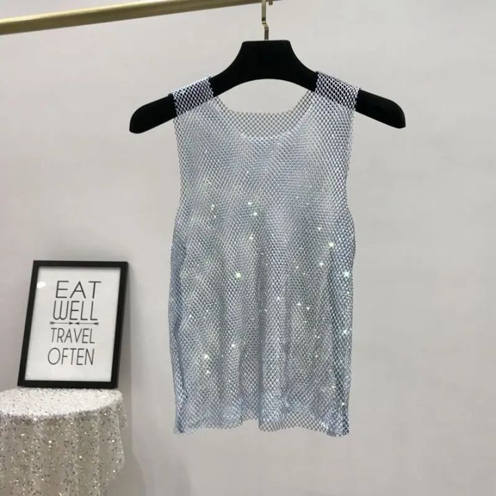 Y2k%20Hot%20Girl%20Vest%20Summer%20New%20Style%20Bright%20Hollow%20Hot%20Diamond%20Bling%20Top%20Super%20Fairy%20Thin%20Net%20Shirt%20Women's%20Trend%20-%20Image%203