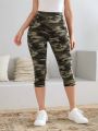 Plus Size Women's Camo Capri Leggings with Side Stripe Cutouts Stylish High Elasticity Knit Sporty  Fashionable Casual Pants. 