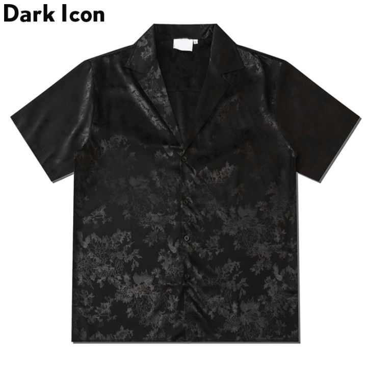 Dark Icon Jacquard Satin Material Button Down Men's Shirt Summer Soft Material Shirts for Man Vintage Street Shirts Male Top