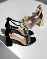 Pearl Rhinestone 3-Inch Block Heels Women’s Fashion Sandal - Faux Suede Bridal, Party, Office Shoes - Black & Beige. 