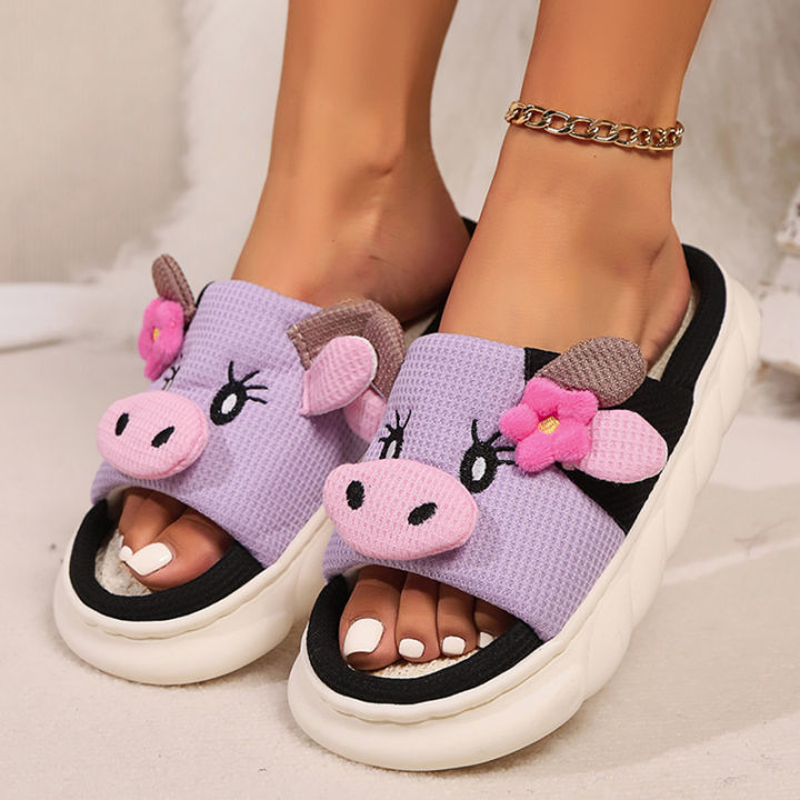 Cute%20Cow%20Thick%20Bottom%20Linen%20Slippers%20Women%202024%20Winter%20Comfort%20Home%20Cotton%20Slippers%20Woman%20Flat%20Heels%20Non%20Slip%20Indoor%20Shoes%20Slide%20-%20Image%204