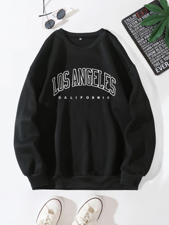 Black Los Angeles California Fleece Full Sleeves Pull Over Sweatshirt For Women