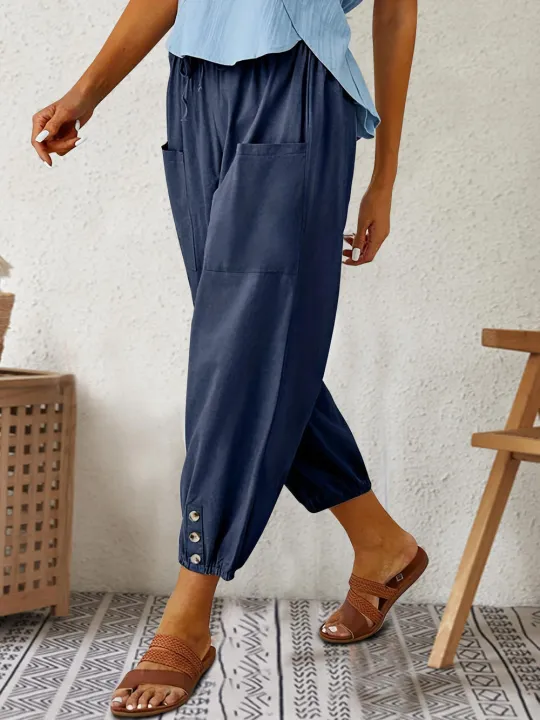 Patched%20Pockets%20Button%20Front%20Crop%20Pants,%20Casual%20Loose%20Pants%20For%20Spring%20&%20Summer,%20Women's%20Clothing%20-%20Image%203