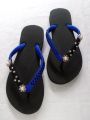 Ladies slippers - peacock blue and black. 
